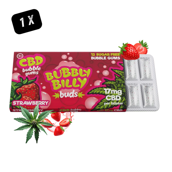 Chewing-gum CBD Fraise Bubbly Billy 17mg - Pack de 12 gommes sans sucre