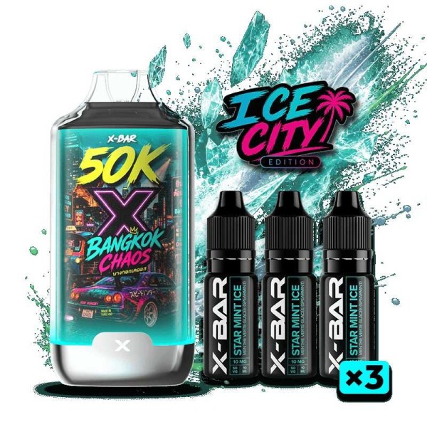 Kit X-BAR 50K Ice City – Bangkok Chaos + 3 e-liquides 10 ml (20 mg/ml)