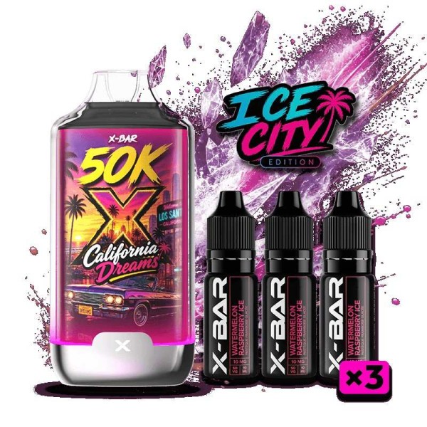Kit X-BAR 50K Ice City California Dreams + 3 e-liquides 10 ml (20 mg/ml)