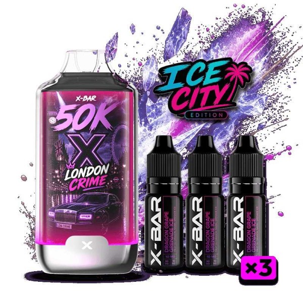 Kit X-BAR 50K Ice City London Crime + 3 e-liquides 10 ml (20 mg/ml)