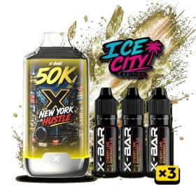 Kit X-BAR 50K Ice City New York Hustle + 3 e-liquides 10 ml (20 mg/ml)