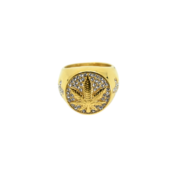 Bague Chevalière Dorée Feuille de Cannabis Strass